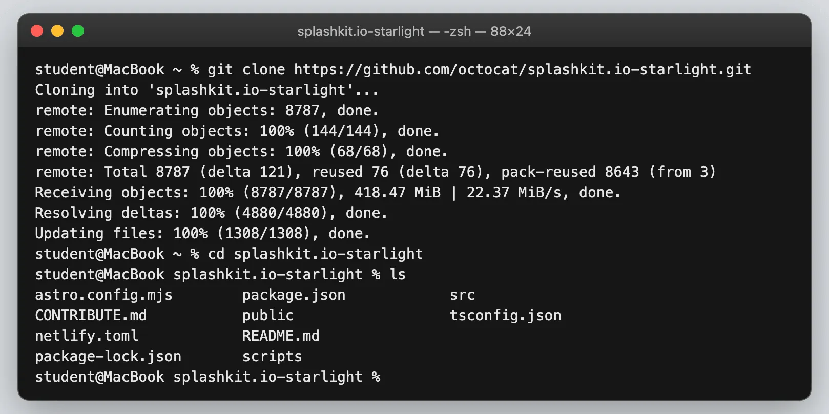 Terminal after cloning the repository, showing the download progress and the top-level files in the project