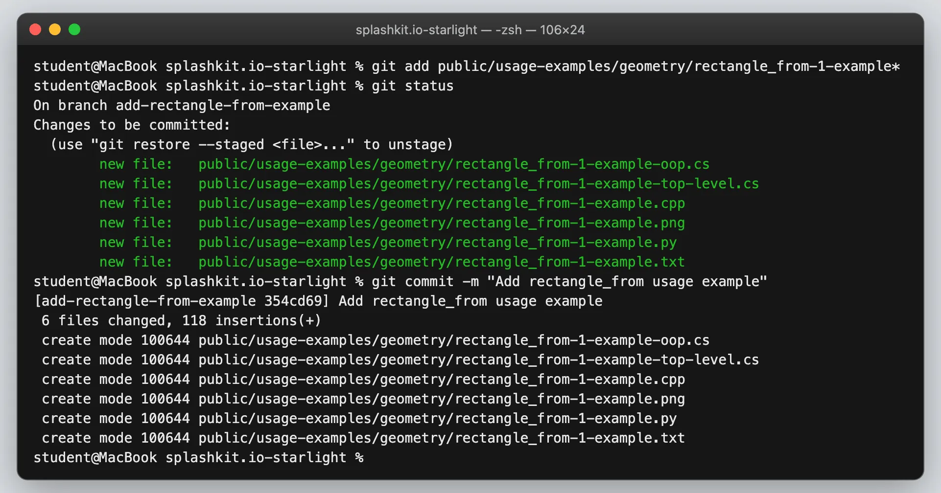 Terminal showing git add, then git status listing six new files, then git commit