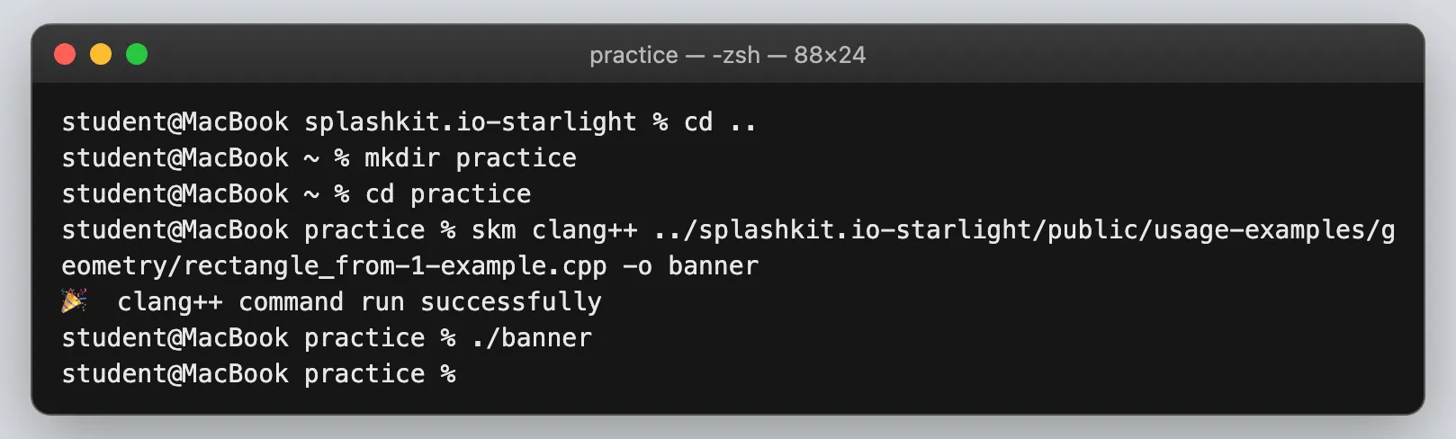 Terminal showing the C++ example being compiled with skm and then run