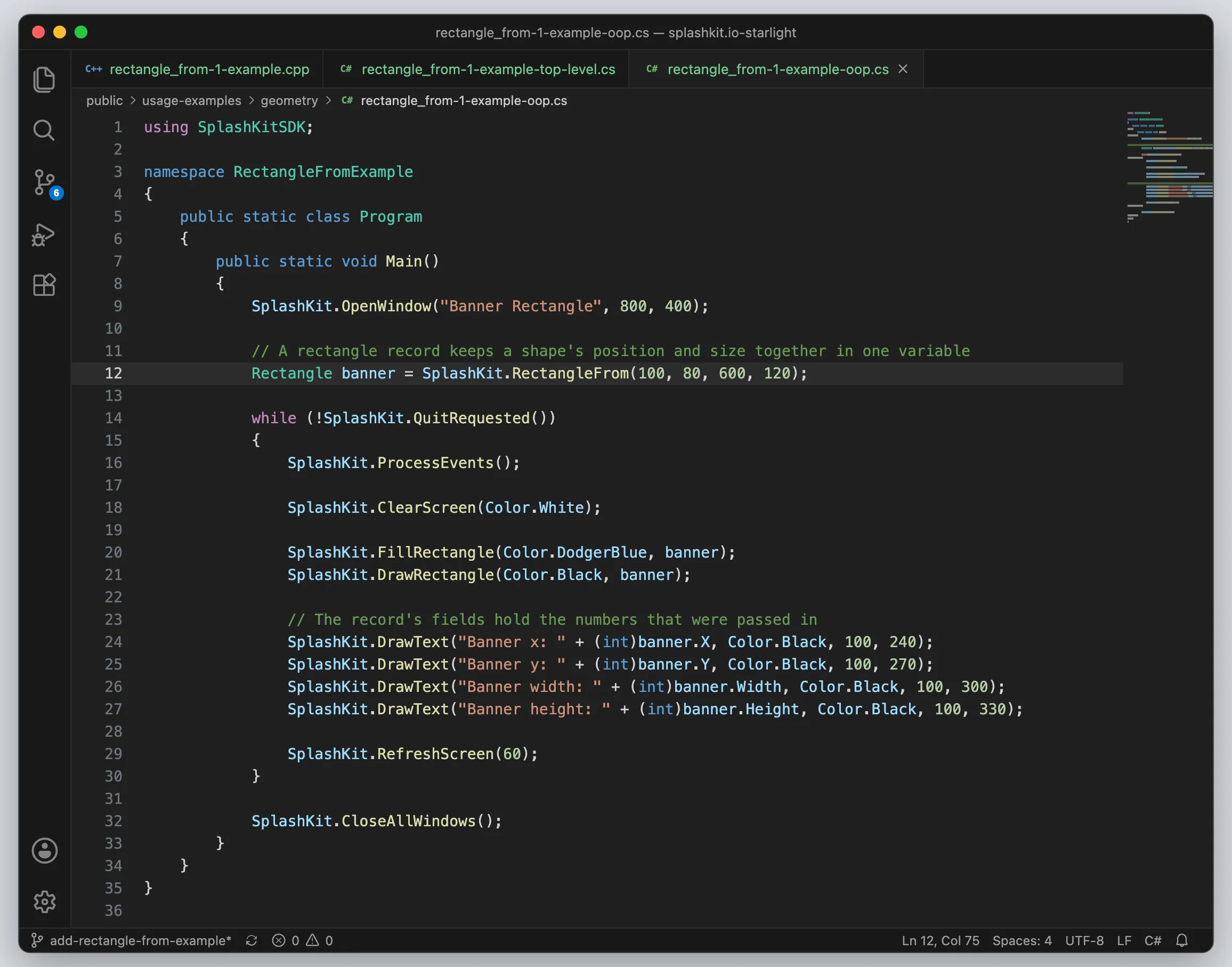 VS Code showing the object-oriented C# example with the RectangleFrom line highlighted