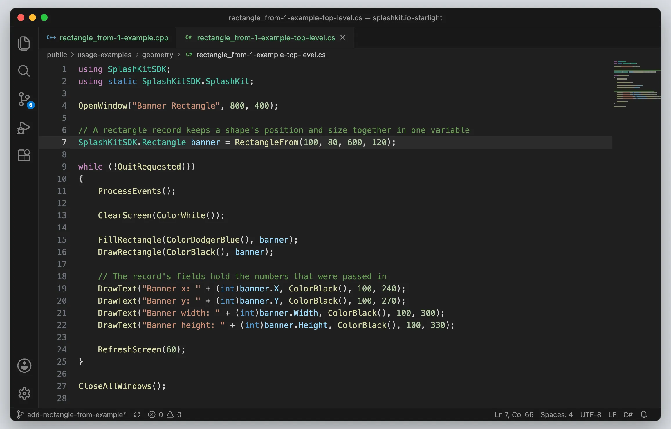 VS Code showing the top-level statements C# example with the RectangleFrom line highlighted