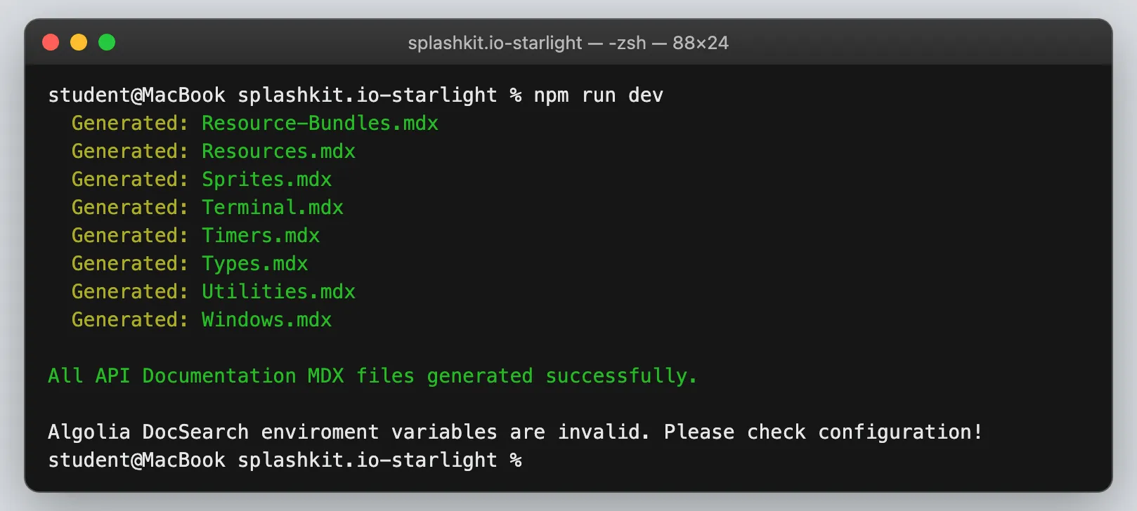 Terminal showing npm run dev stopping with a message that the Algolia DocSearch environment variables are invalid