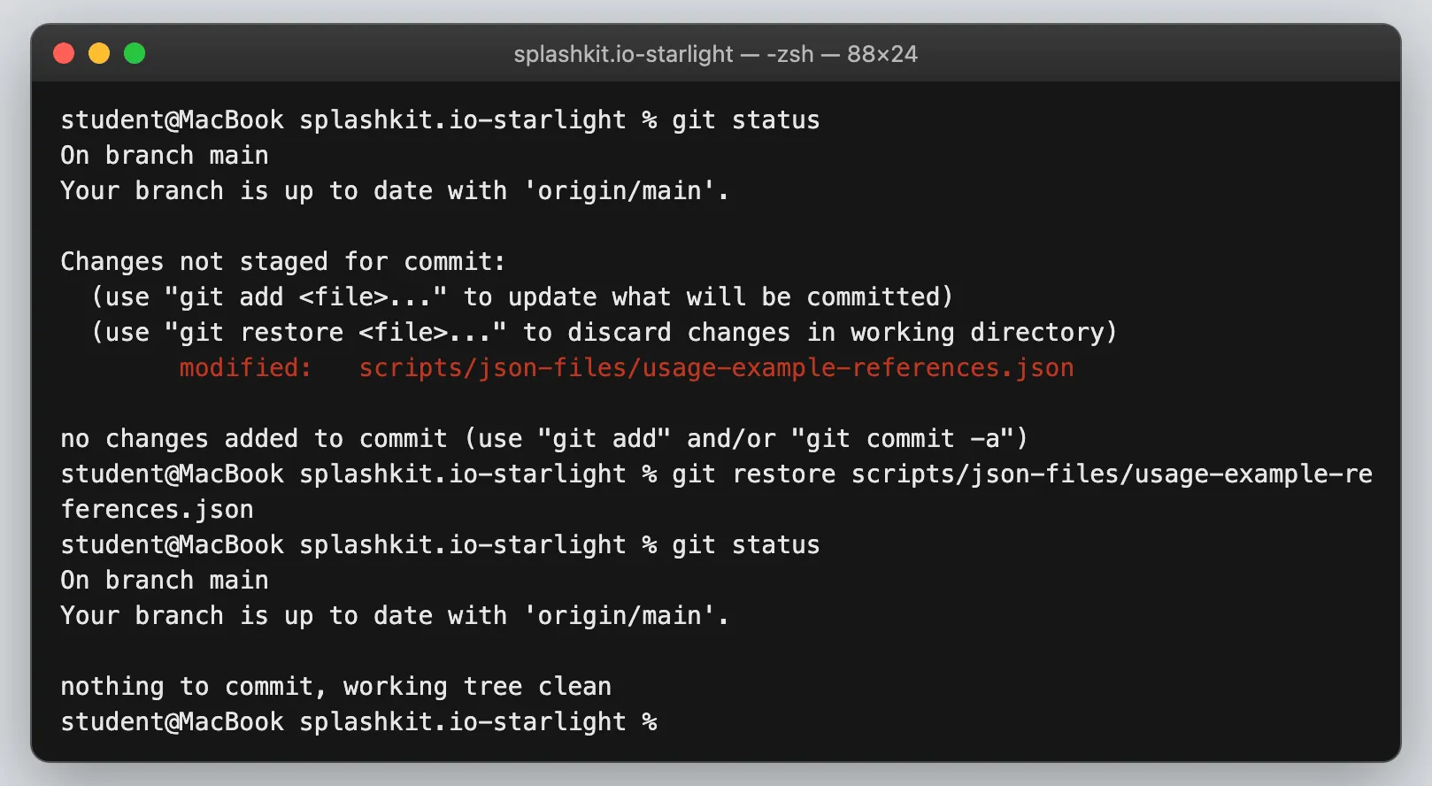 Terminal showing git status listing the changed JSON file, then git restore, then a clean git status