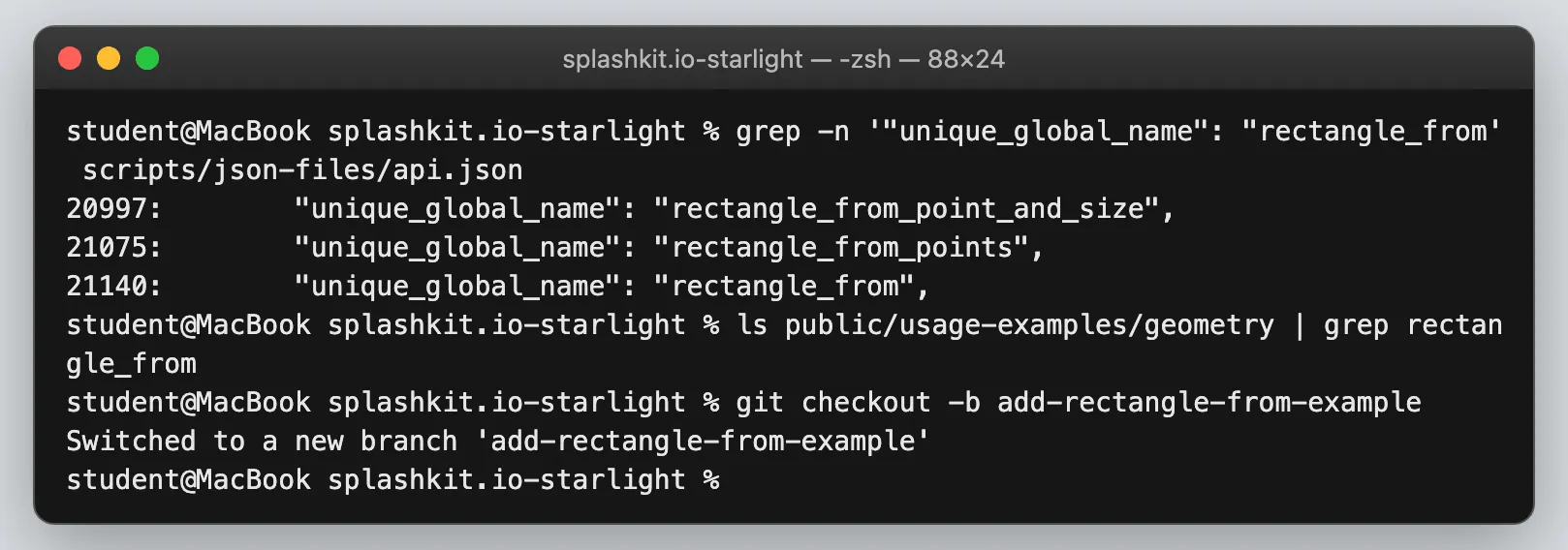 Terminal showing the grep result with three names, an empty search of the examples folder, and the new branch being created