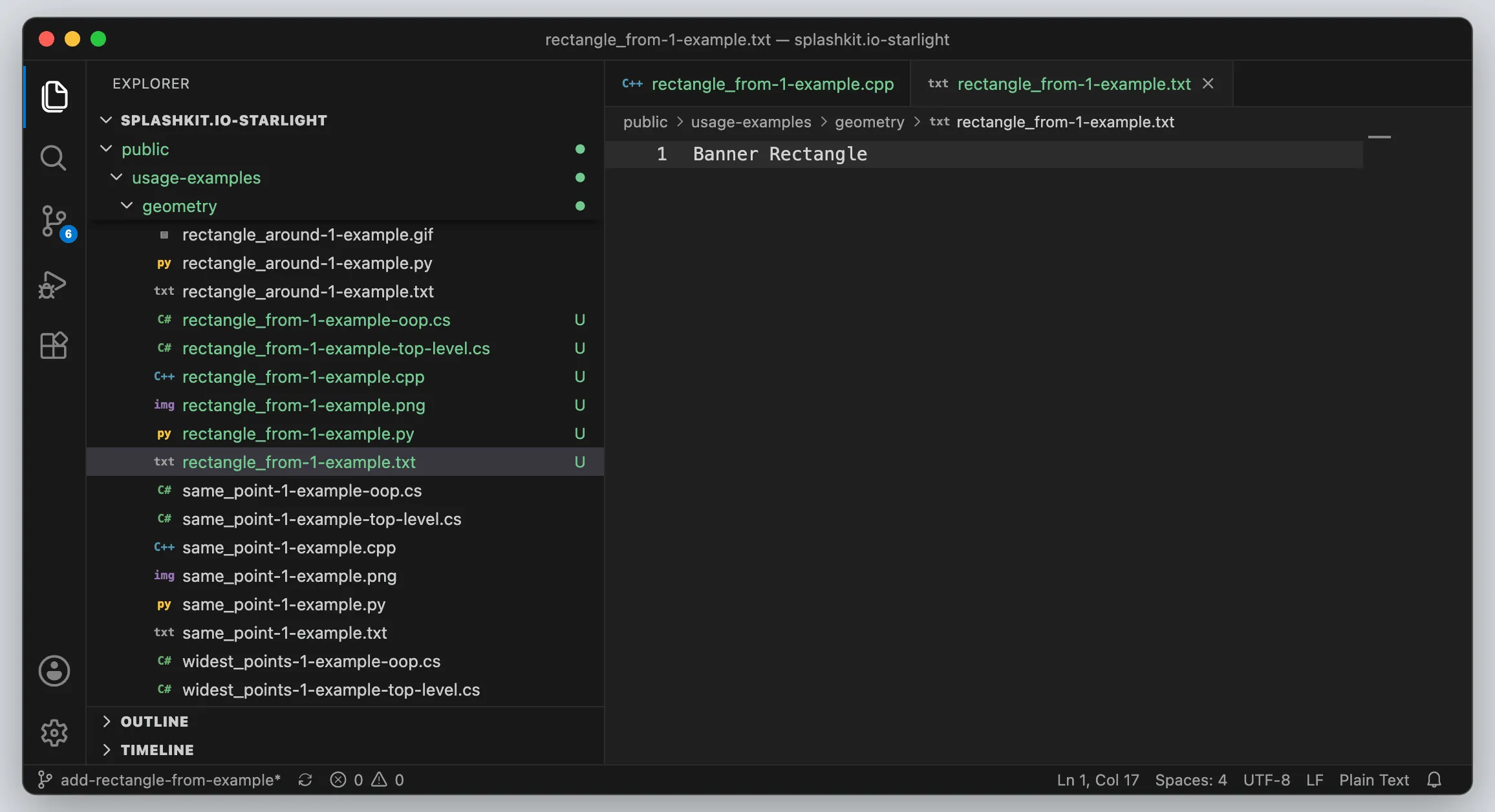 VS Code file list showing the six new rectangle_from example files marked with a green U, with the .txt file open