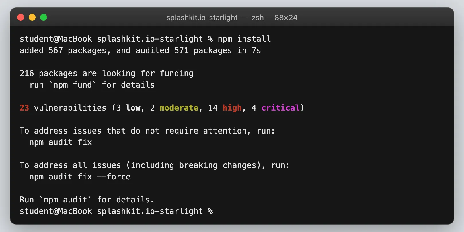 Terminal at the end of npm install, showing the number of packages added and a vulnerability warning