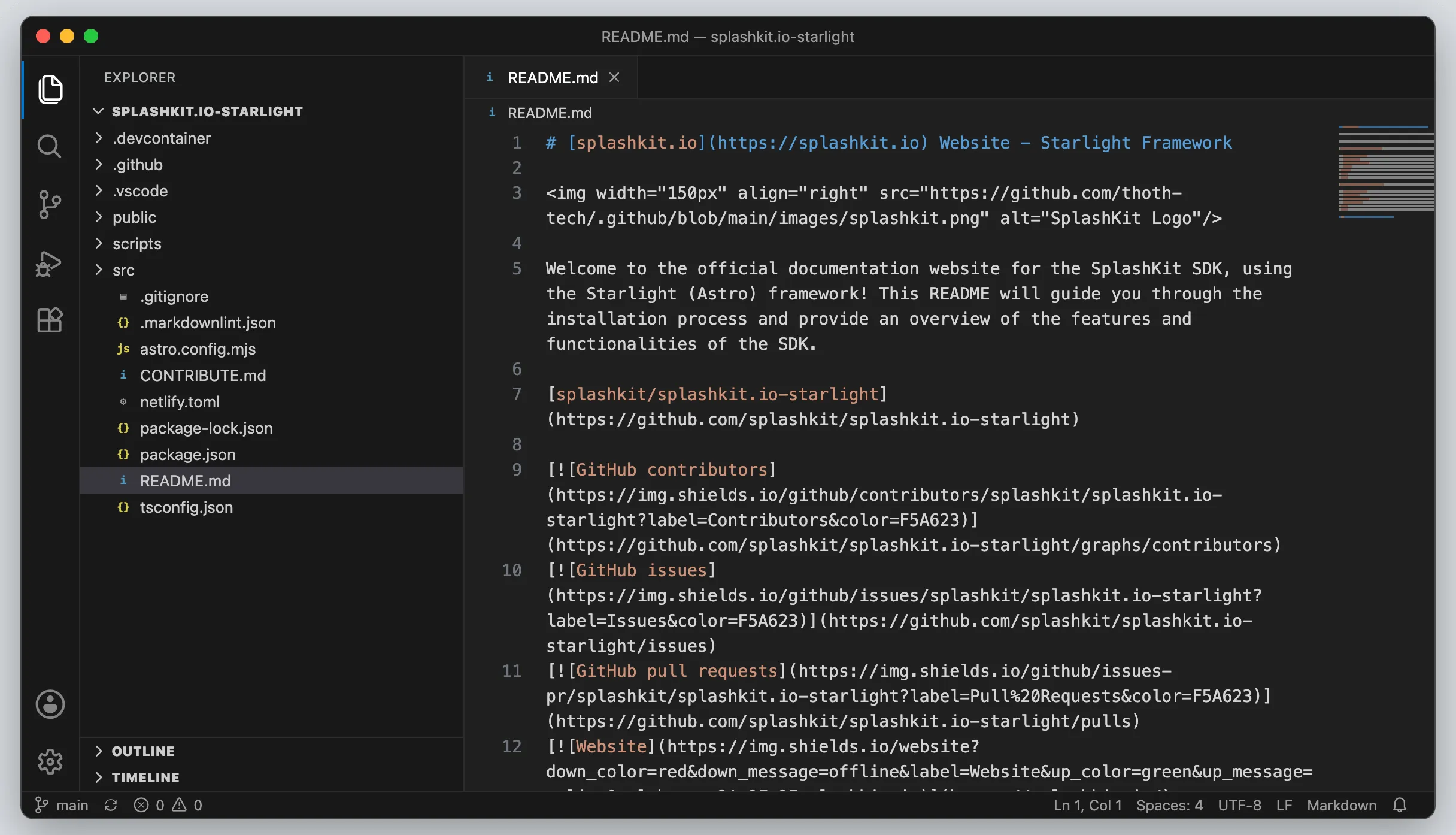 VS Code with the project folder open, the file list on the left and README.md on the right