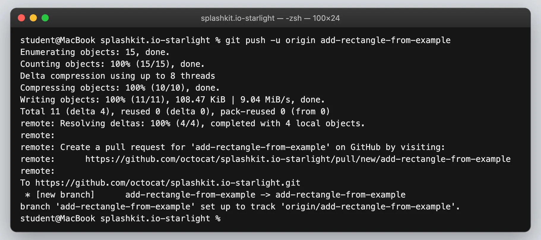 Terminal showing git push sending the new branch to GitHub, with a link for opening a pull request