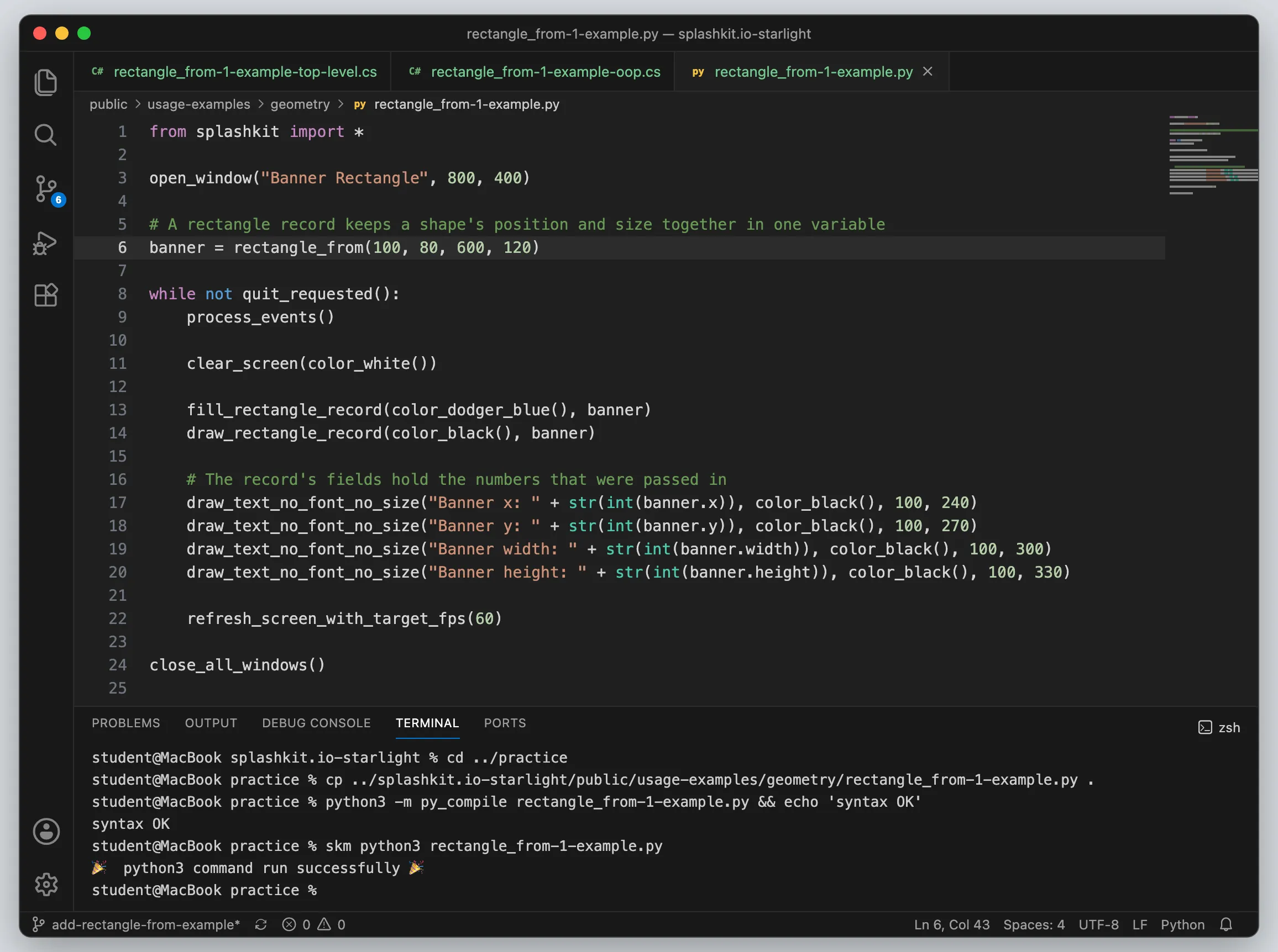 VS Code showing the Python example with a terminal panel that checks the file and then runs it