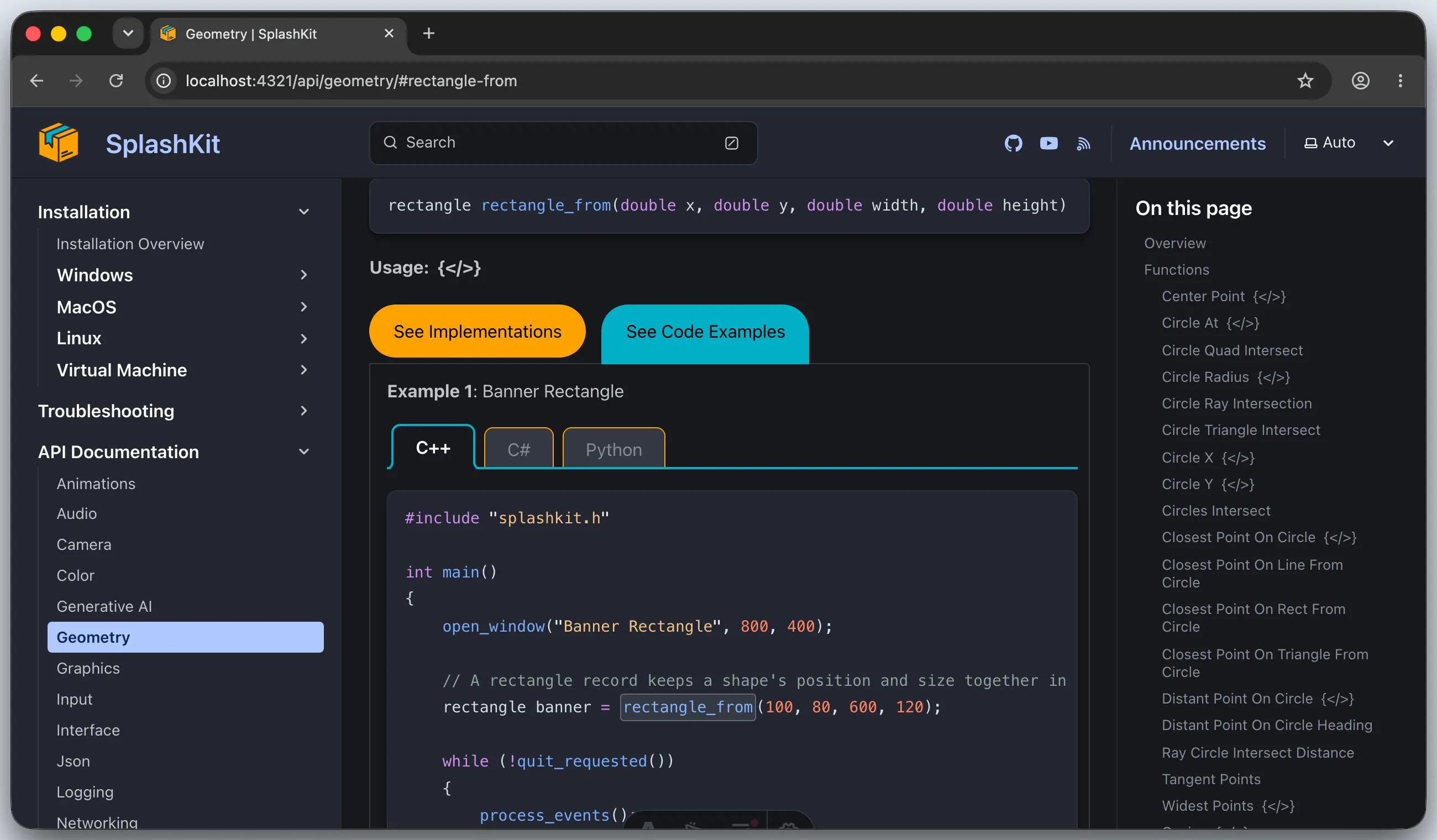 Browser showing Example 1: Banner Rectangle with the C++ tab open and rectangle_from highlighted
