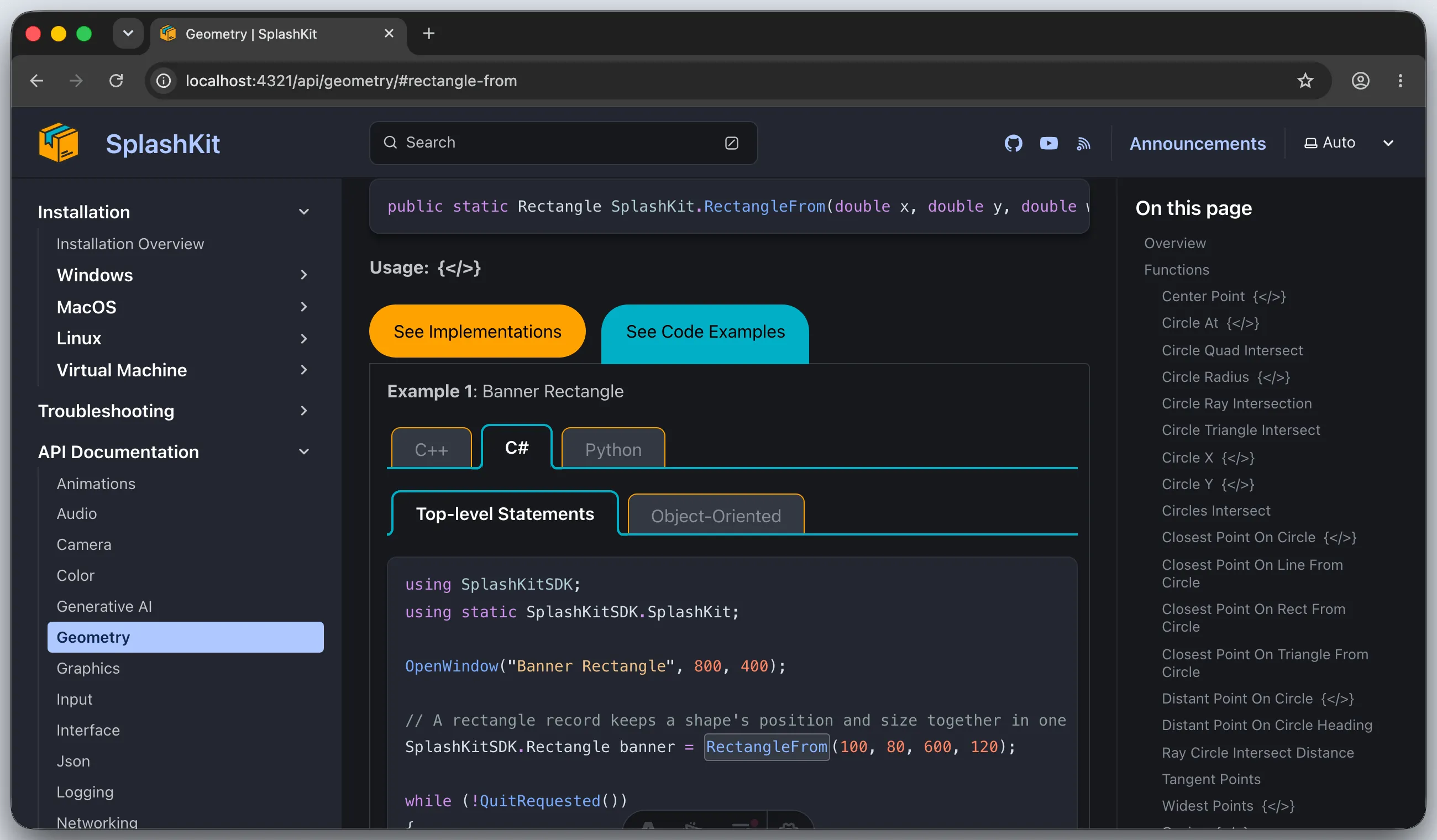 Browser showing the top-level statements C# tab with RectangleFrom highlighted
