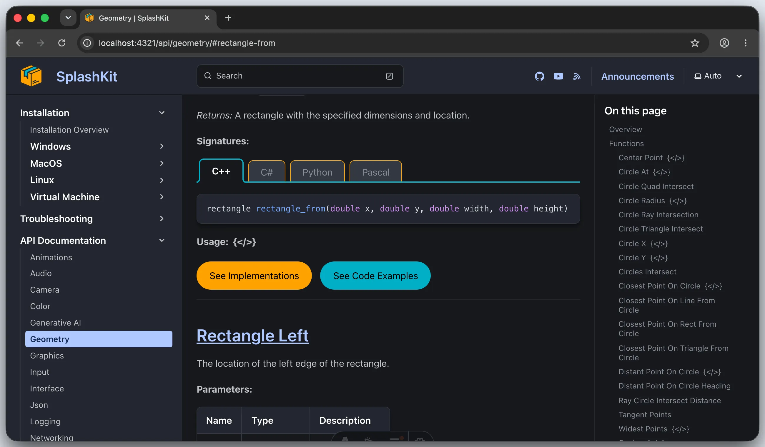 Browser showing the Rectangle From function with the See Code Examples button under Usage