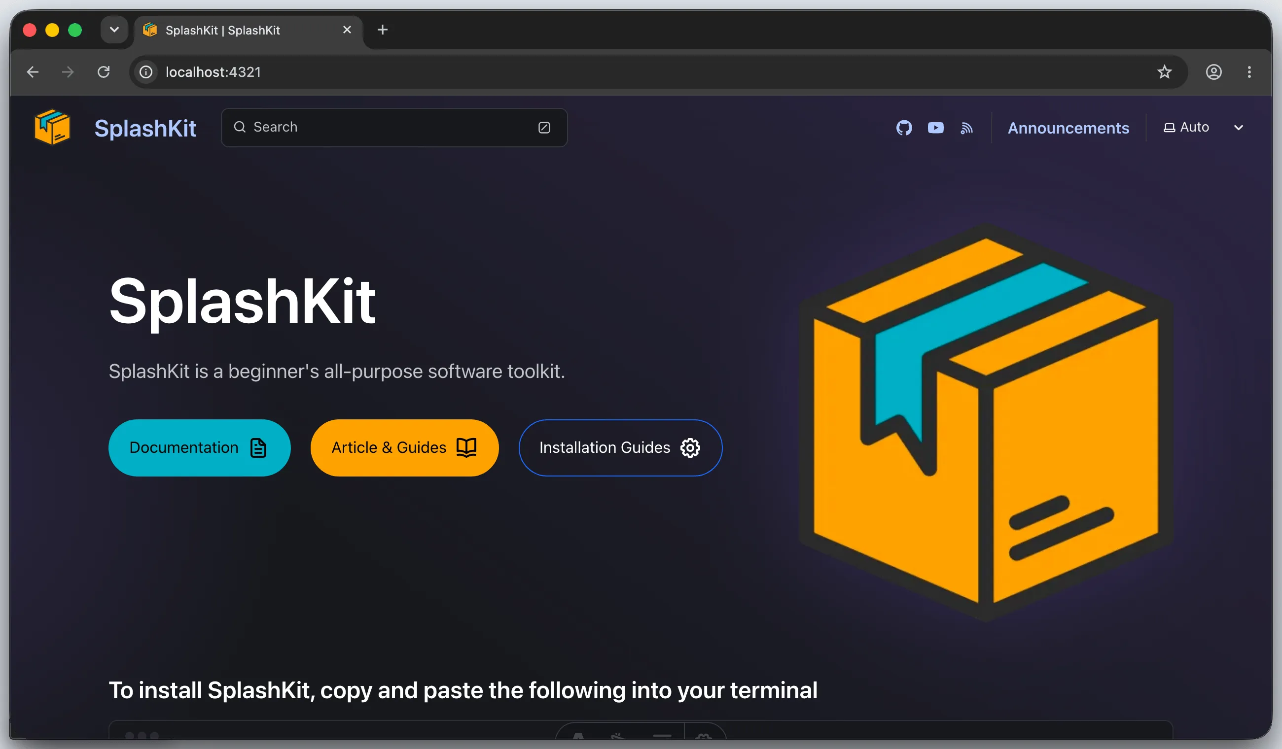 Browser showing the SplashKit home page at localhost:4321