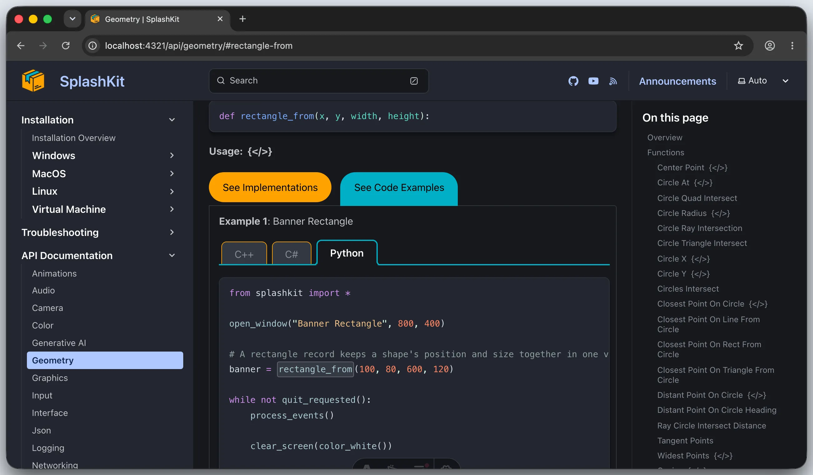Browser showing the Python tab with rectangle_from highlighted