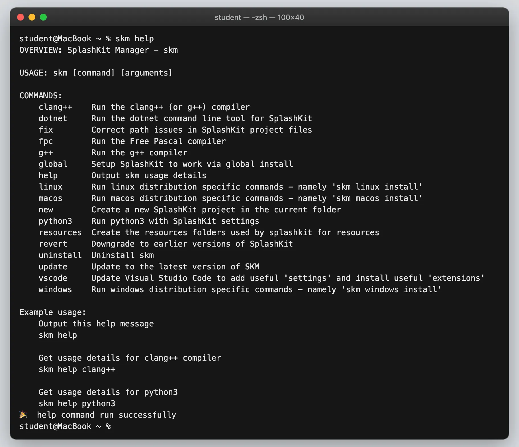 Terminal showing the list of skm commands, ending with a success message
