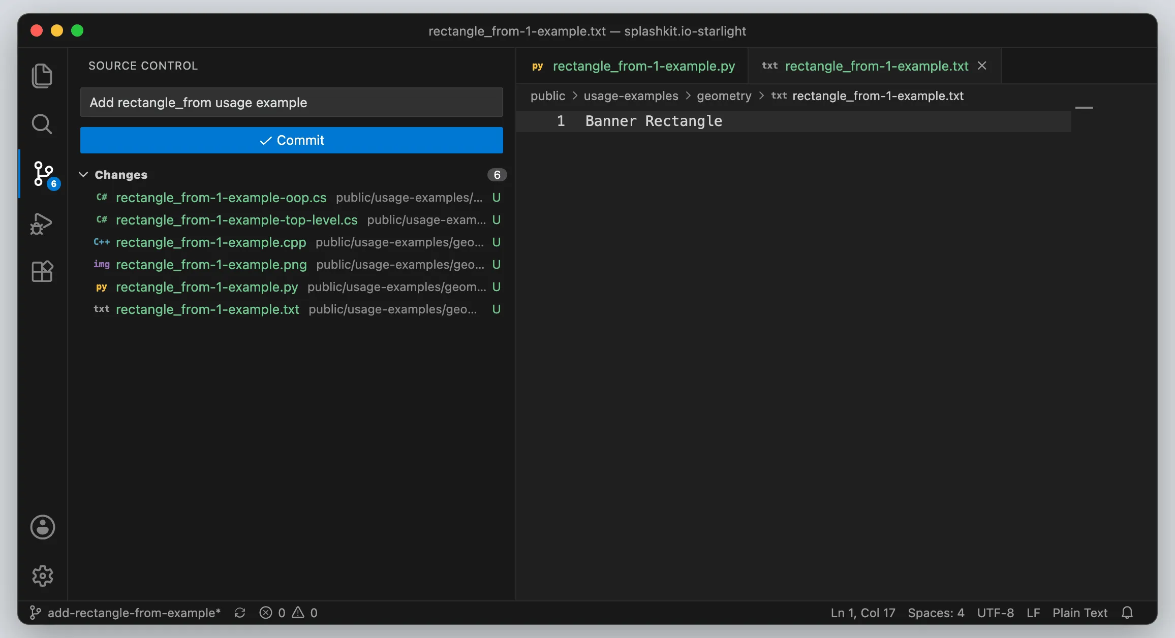 VS Code Source Control view with the commit message typed and six changed files listed