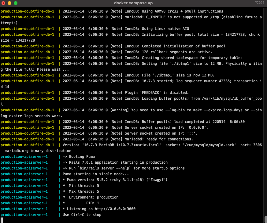 docker compose output doubtfire-localhost-compose
